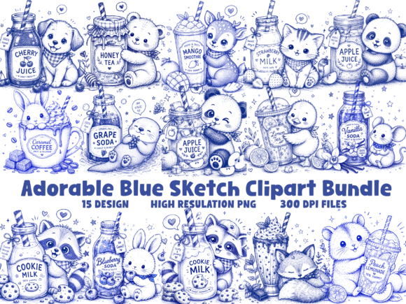 Adorable Blue Sketch Animal Drink PNG Bu
