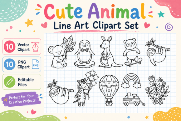 Adorable Design Assets: Mastering the Cute Animal Line Art Clipart Set