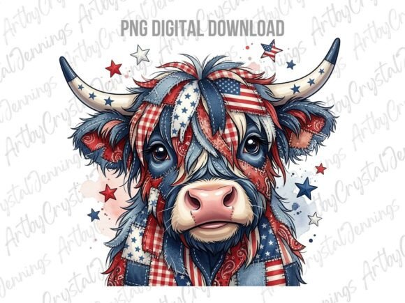 Patchwork Patriotic Highland Cow: A Modern Design Asset