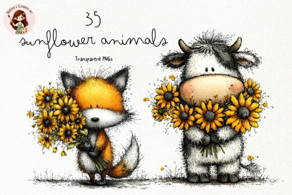 Sunflower Animal PNG Clipart Set: A Rustic Watercolor Collection