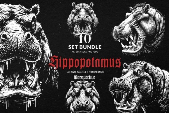 Unleash Your Dark Side with 10 Bundle Dark Art Hippopotamus Animal