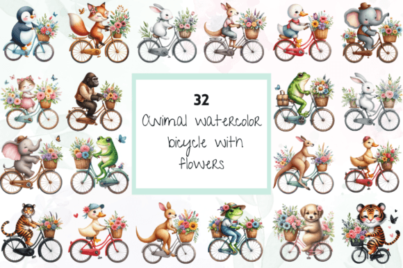 Watercolor Animal Bicycle with Flowers: A Whimsical Design Bundle
