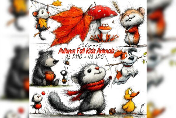 Whimsical Autumn Kids Animal Clipart Set: Cozy Design Assets