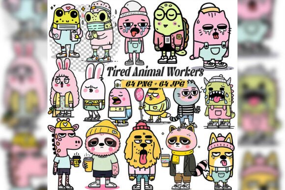 Whimsical Tired Animal Workers Set: Adding Relatable Charm to Your Projects